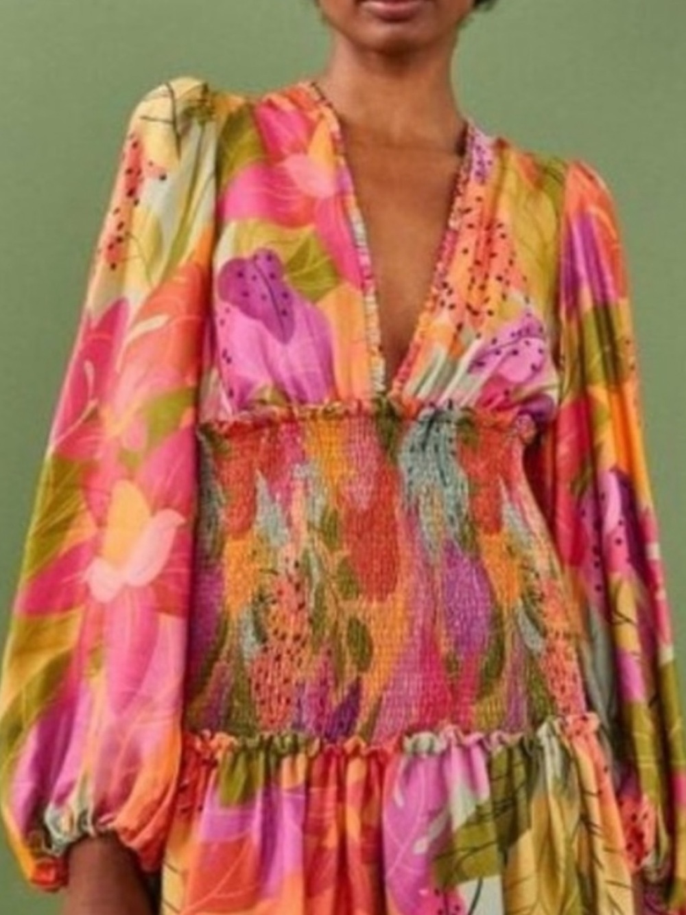 Farm Rio Floral Smocked Waist Maxi Dress - Pink & Orange